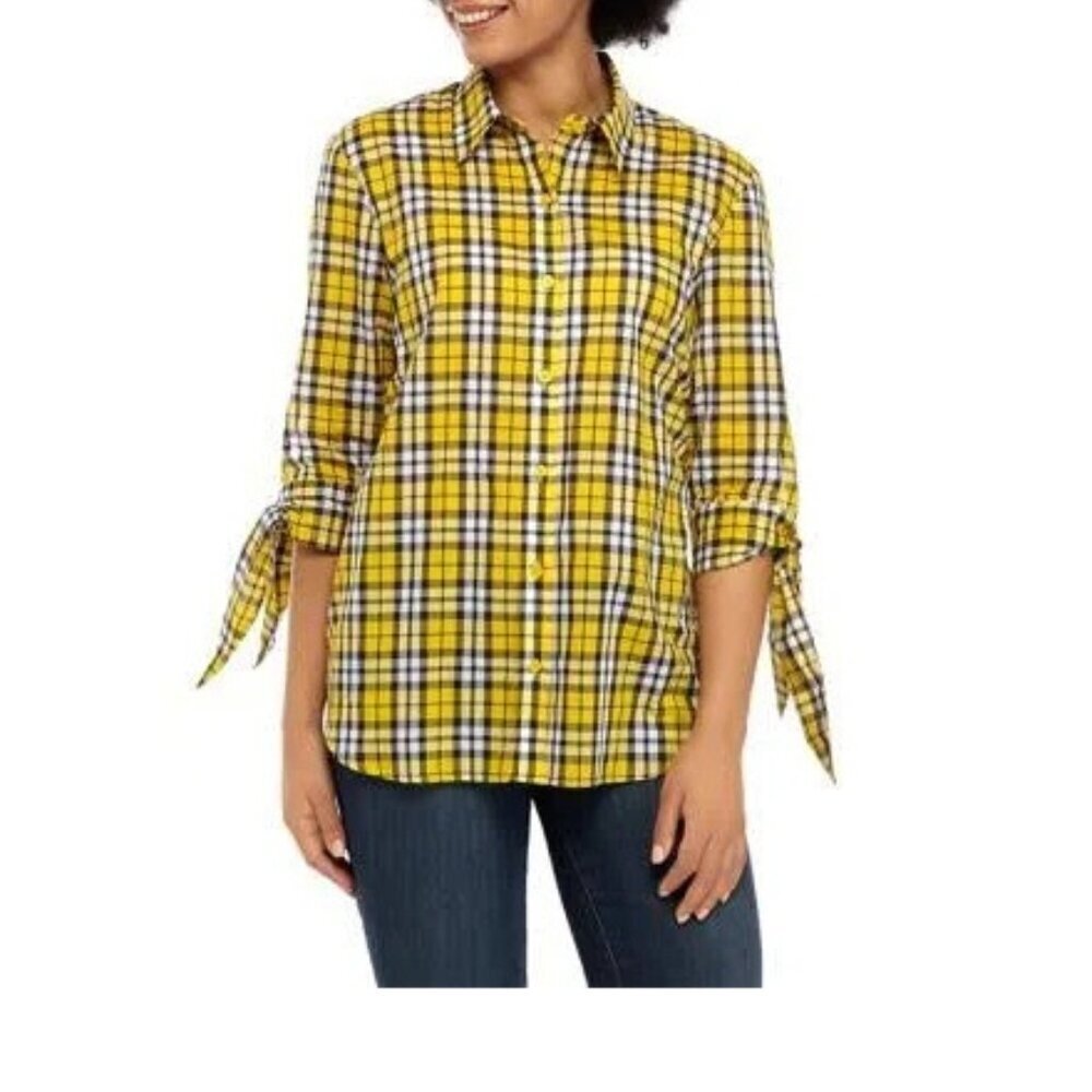 MICHAEL KORS Plaid Tie-Sleeve Button-Down Shirt Petite Medium